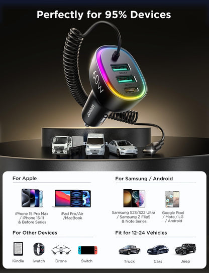 JOYROOM 60W USB-C Car Charger with Coiled Cable