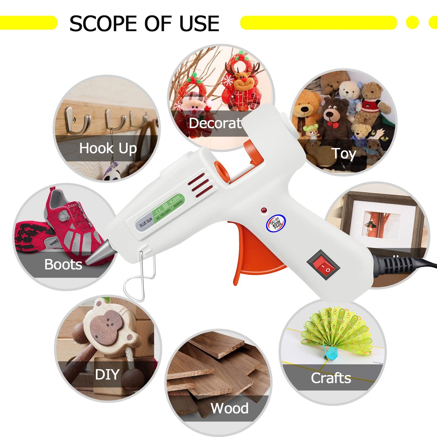Hot glue gun kit, with 10 transparent glue sticks, 10 black glue sticks, 6 colored glue sticks, carving knife with 5 cutting heads, two pointed tweezers, 40W fast preheating glue gun