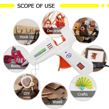 Hot glue gun kit, with 10 transparent glue sticks, 10 black glue sticks, 6 colored glue sticks, carving knife with 5 cutting heads, two pointed tweezers, 40W fast preheating glue gun