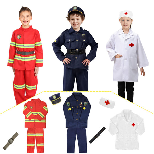 Boys Dress Up Costumes for Play, Kids Role Play Dress Up Clothes for 3-6 Years Old Play, 3 in 1 Set Police Officer/Firefighter/Doctor Costume for Kids Boys Halloween Pretend Play