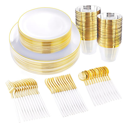 LIYH 180pcs Gold Plastic Dinnerware,White and Gold Plastic Plates,Gold Plastic Disposable Utensils,Disposable Gold Cups Suit for Wedding Party Birthday 30 Guests