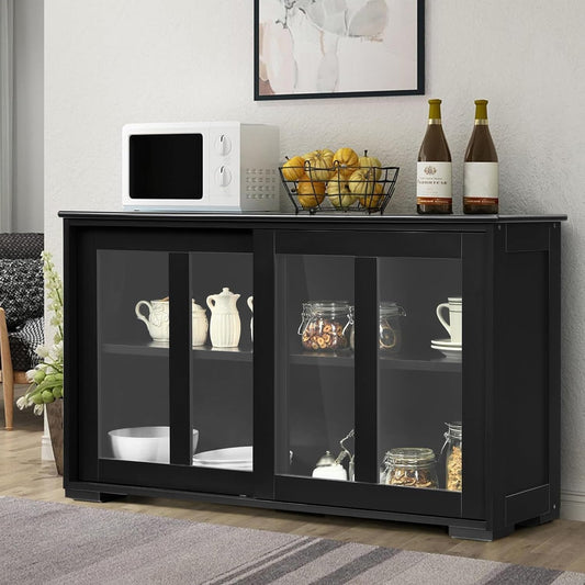 Byroce Sideboard Buffet Cabinet, Stackable Storage Coffee Bar Cabinet with Adjustable Shelf & Glass Sliding Doors, Wood Cupboard Credenza Console Table for Kitchen Dining Living Room (1, Black)