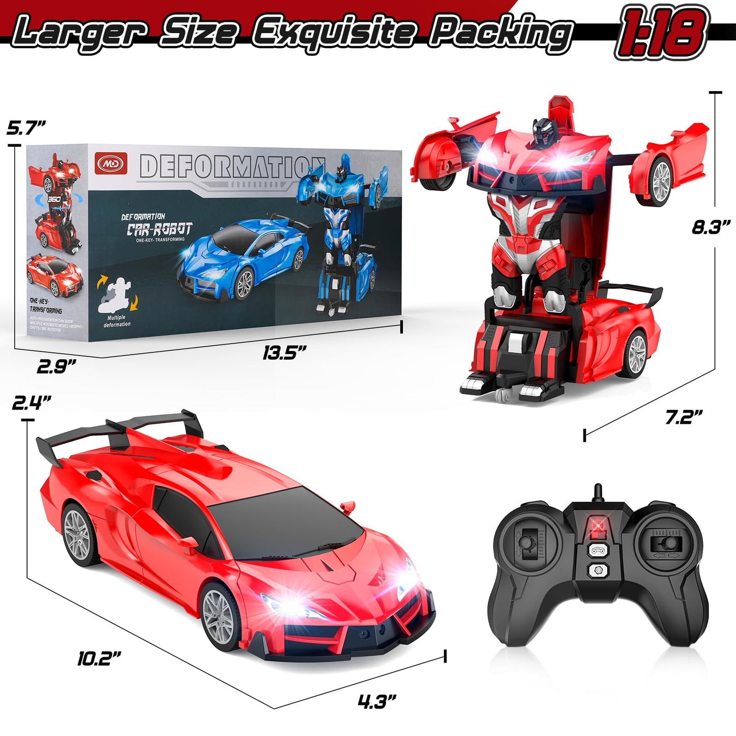 Qumcou Remote Control Car, Transform Robot RC Cars with Cool Headlights, 2.4Ghz kids Toys Car with 360 Degree Rotation and One-Button Deformation, Christmas Birthday Gifts for Boys Girls, Red