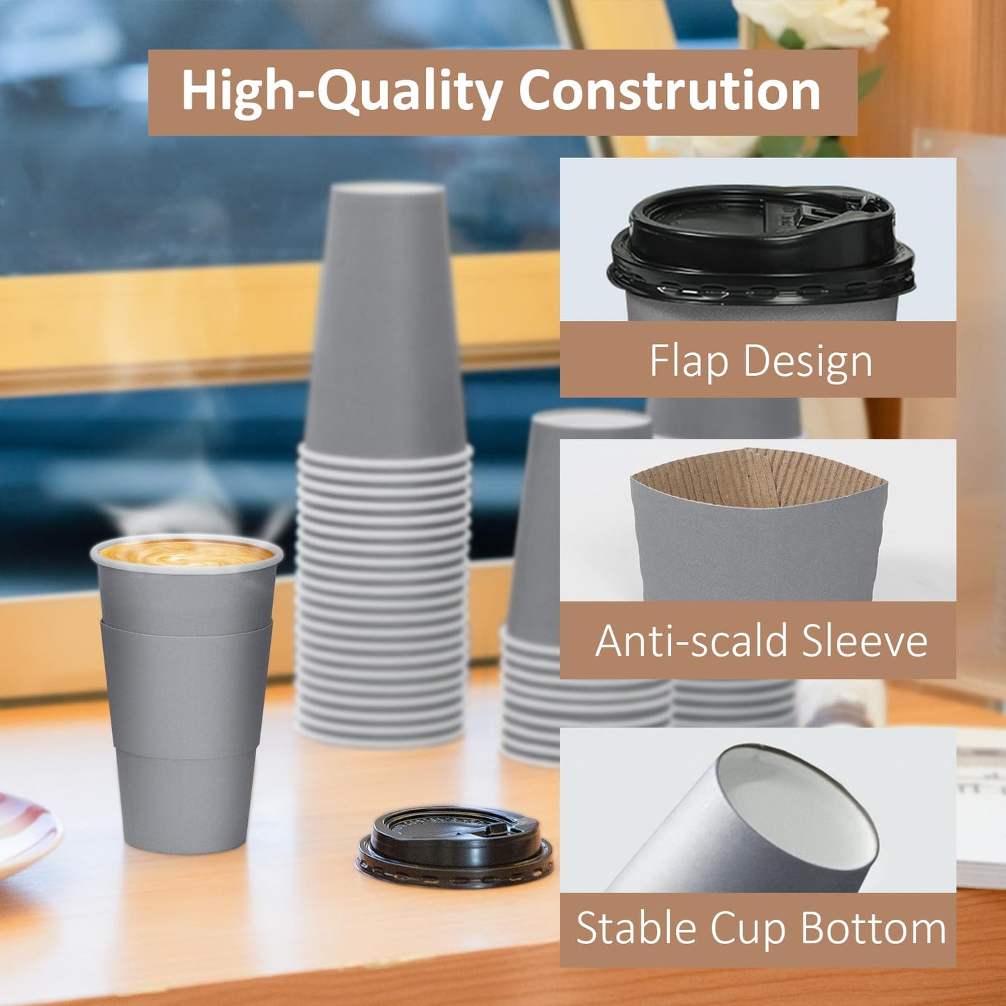 Huifany Coffee Cups with Lids 16 oz 60 Pack, Disposable Hot Cups with Lids and Straws, 16oz Coffee To Go Cups with Lids for Party, Kitchen, Cafes, Office.