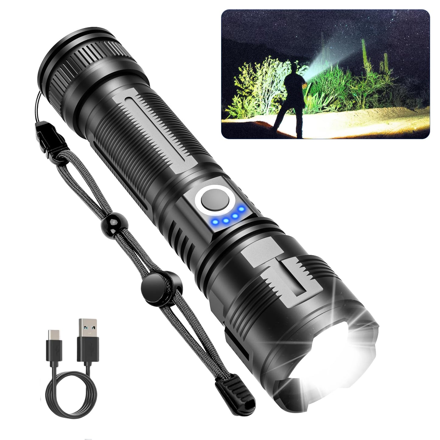 Rechargeable Flashlight High Lumens, Super Bright 100,000 Lumens High Power Flash Light, Handheld Flashlight, Type C Charging Port, Waterproof, Power Display, Long Lasting, Tactical Light for Hiking
