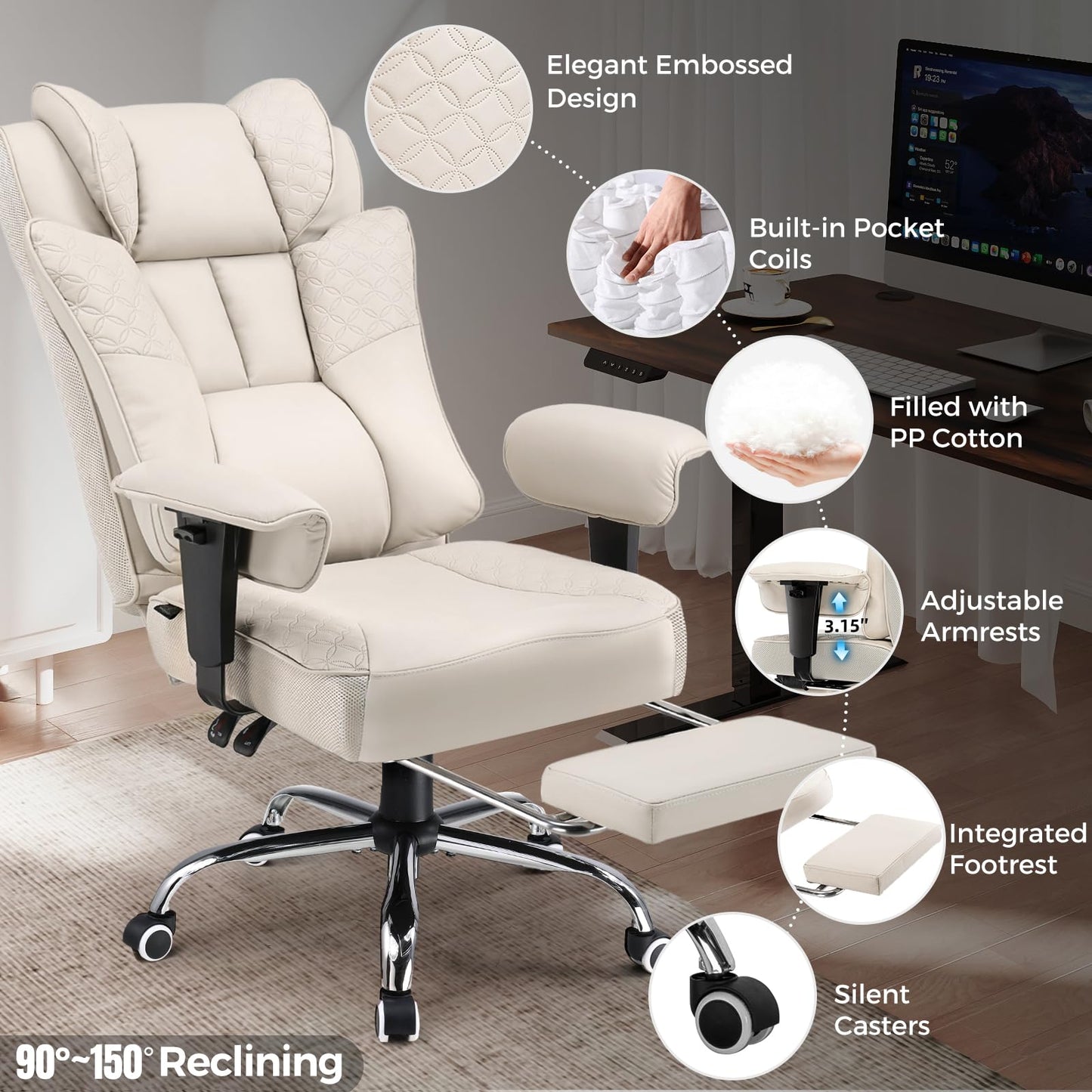 GTPLAYER Big and Tall Office Chair 400LBS Wide Ergonomic Gaming Chair with Deluxe Embossing Designed Leather with Foot Rest,150°Reclining Adjustable Soft Armrests Pocket Spring Back Support and Pillow