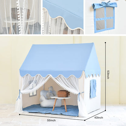 Kids Play Tent Large Fairly Kids Tent Indoor for Girls Boys Toddlers Playhouse Tent Castle with Lace Curtain and Windows Game Party Decoration (Blue)