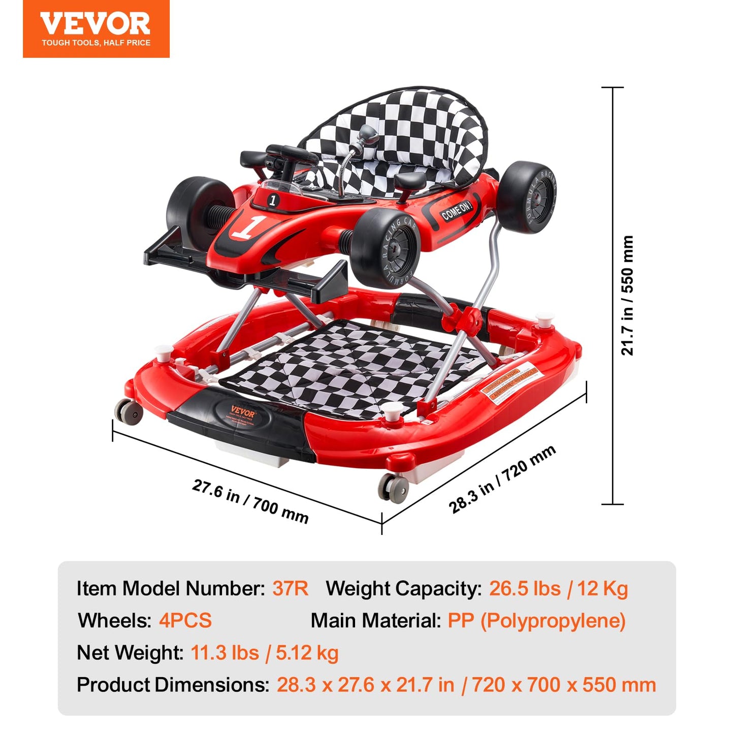 VEVOR 4-in-1 Baby Walker, Foldable Baby Activity Center with Wheels, Adjustable Height, Light, Steering Wheel, Learning-Seated | Walk-Behind | Car Shape | Rocker Baby Walker for Boys Girls 6-24 Month