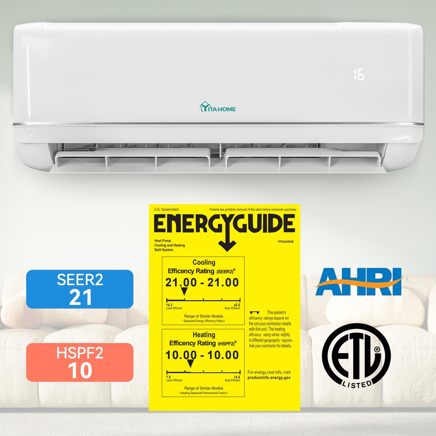 YITAHOME 21 SEER2 12000 BTU Mini Split Air Conditioner Heat Pump System, Wifi Enabled 208-230V Ductless AC Cool Up to 750 Sq. Ft, Compatible with Alexa, Complete Installation Kit, White