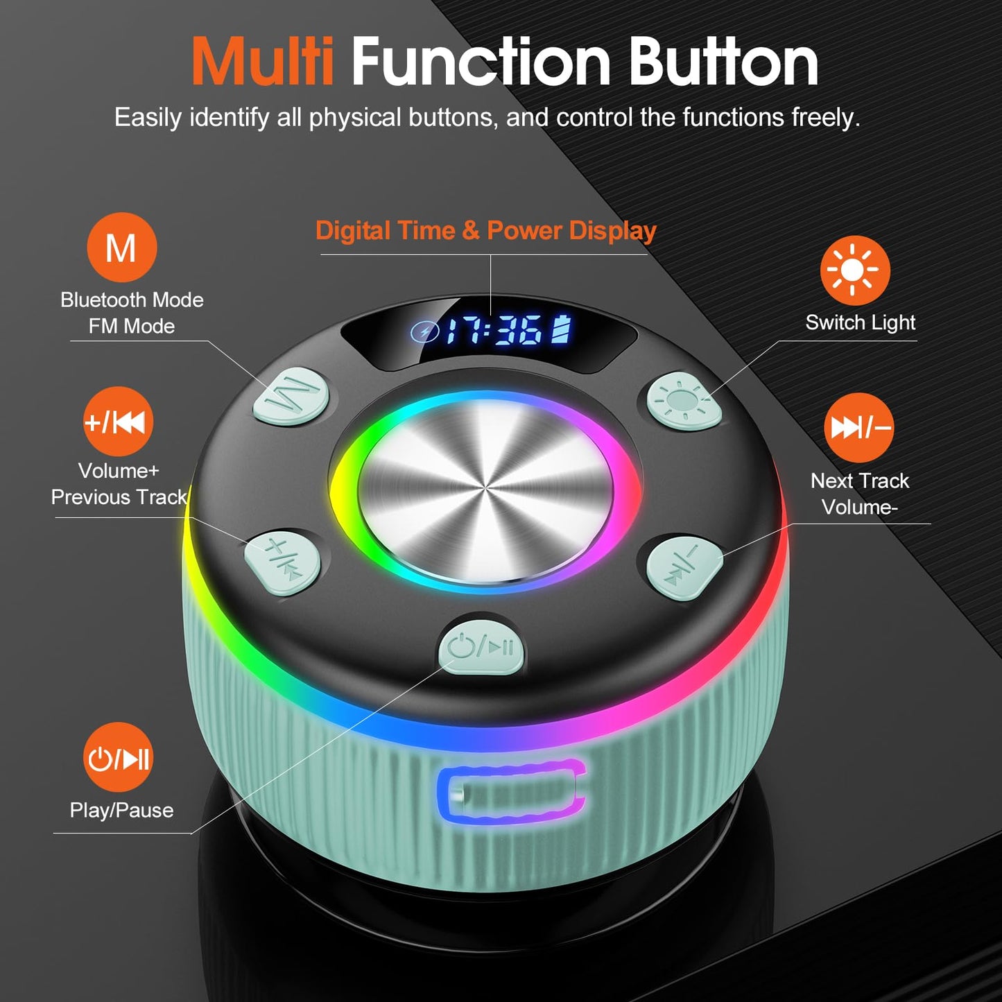 Bluetooth Shower Speaker with RGB Light & Suction Cup