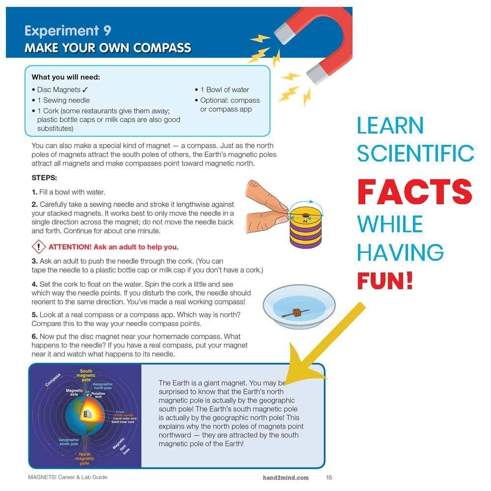 hand2mind Magnetic Science Kit for Kids 8-12, Kids Science Kit with Fact-Filled Guide, Make Magnets Float and Build a Compass, STEM Toys, 9 Science Experiments
