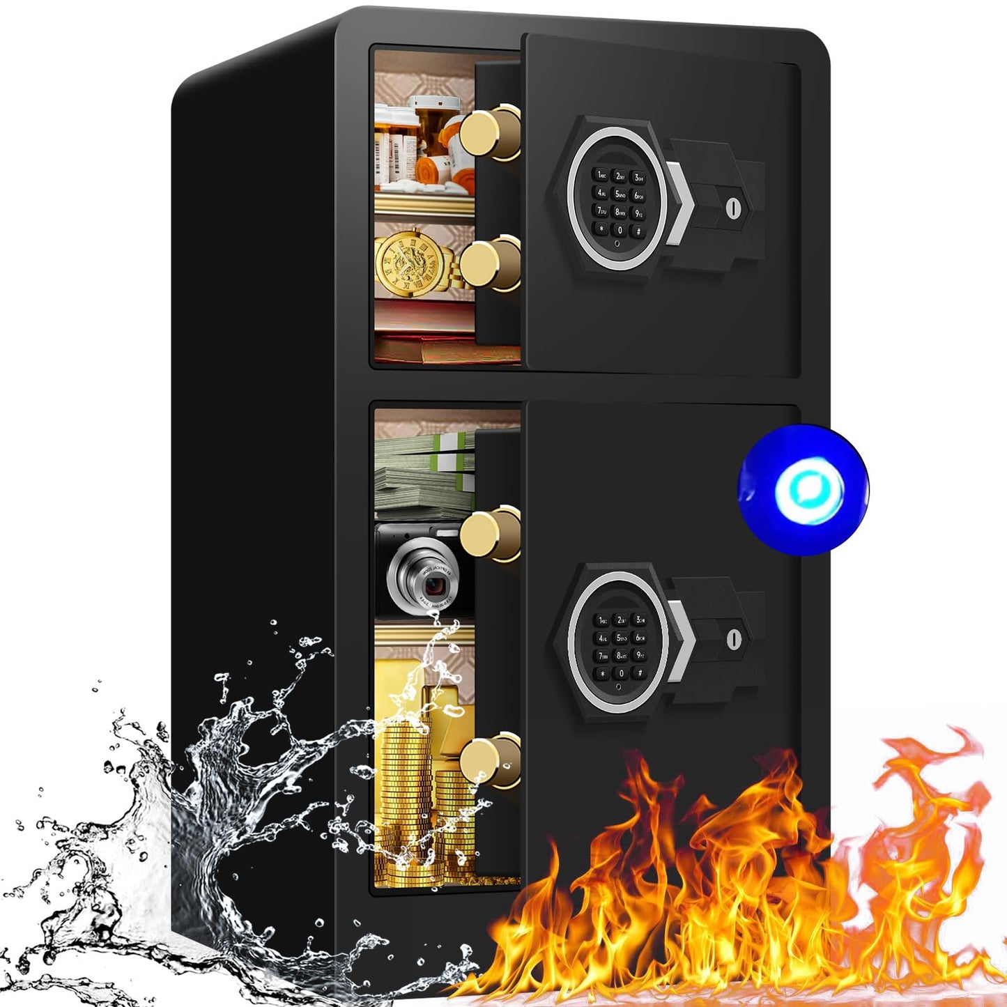 6.0 Cubic Feet Extra Large Home Safes Water and Fireproof with Two Departments, Large Fireproof Safe for Home Use With Hidden Compartment, Separate Lock Box and Led Light (Large Safe)