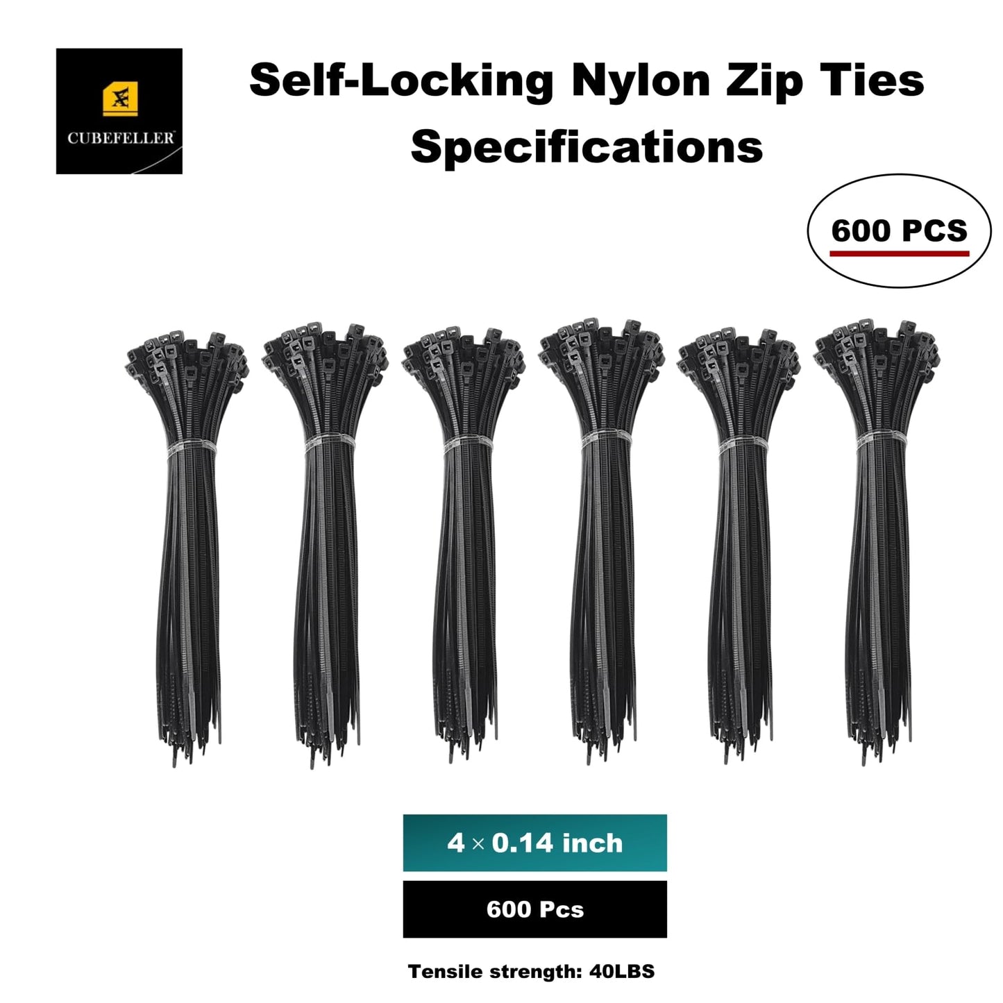 CUBEFELLER® Zip Ties, 4inch, 600 Pack, Black Zip Tieswith 40 Pounds Tensile Strength, Self-Locking Nylon Zip Ties for Indoor and Outdoor, Cable Ties in resealable bag