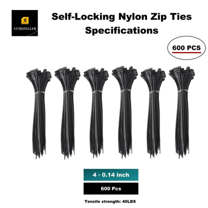 CUBEFELLER® Zip Ties, 4inch, 600 Pack, Black Zip Tieswith 40 Pounds Tensile Strength, Self-Locking Nylon Zip Ties for Indoor and Outdoor, Cable Ties in resealable bag