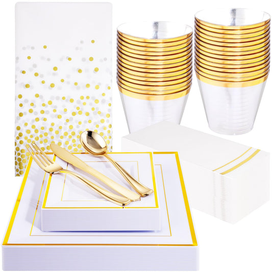 Festiva 176Pcs Gold Plates Disposable - Square Party Plates and Cups and Napkins Sets :Dinner Plates, Dessert Plates,Cups,Plastic Cutlery,Hand Napkins 1Tablecloth for Party&Wedding&Christmas