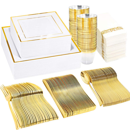 50 Guest Gold Disposable Plates and Utensils Set