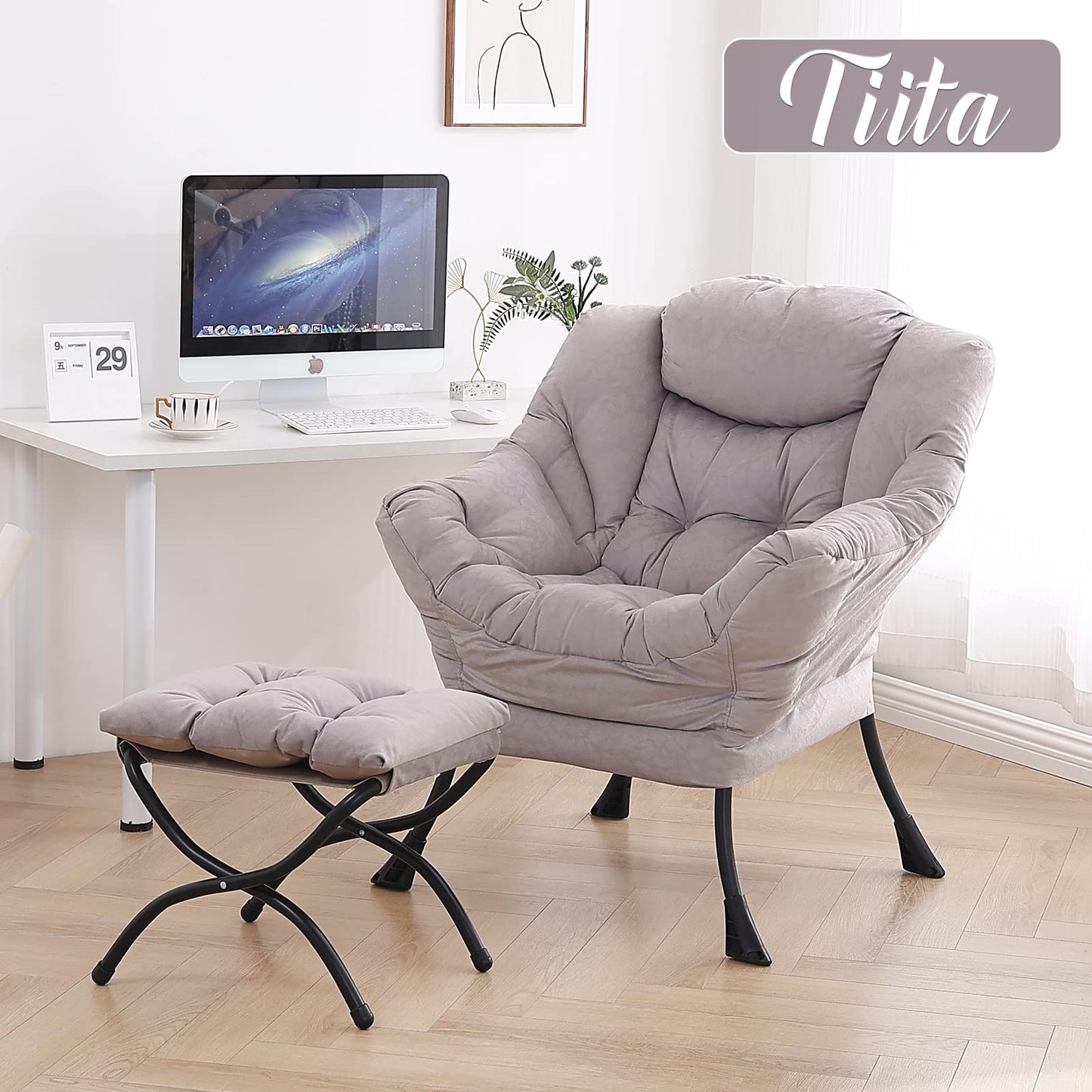 Tiita Lazy Chair with Ottoman, Modern Large Accent Lounge Chair, Leisure Sofa Armchair with Ottoman, Reading Chair with Footrest for Bedroom, Living Room, Dorm Rooms, Garden and Courtyard