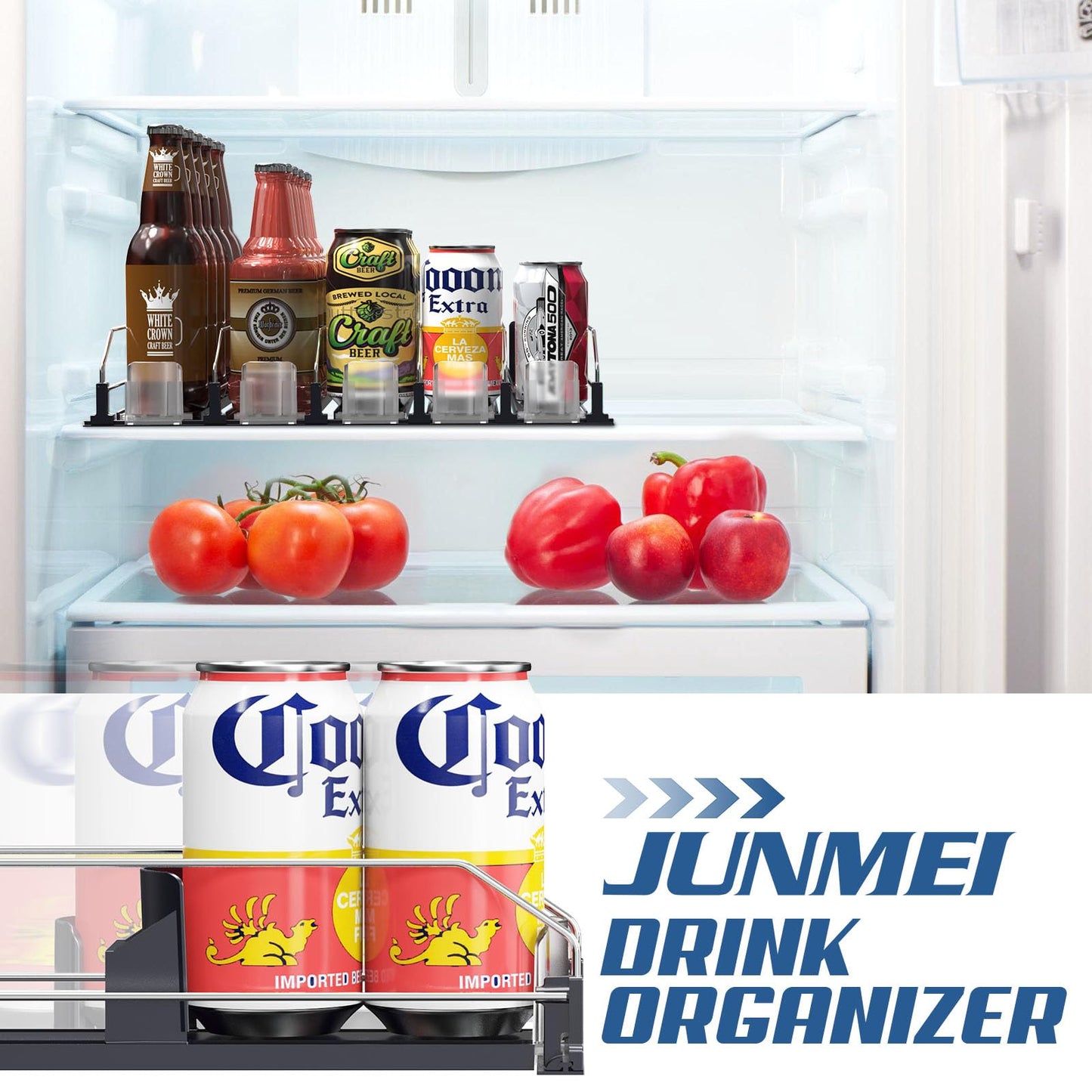 JUNMEI Drink Organizer for Fridge,12oz 16oz 20oz - Soda Can Dispenser for Refrigerator,Width Adjustable,Automatic Pusher Glide,15" D,Black,3 ROW,Holds 15 Bottles