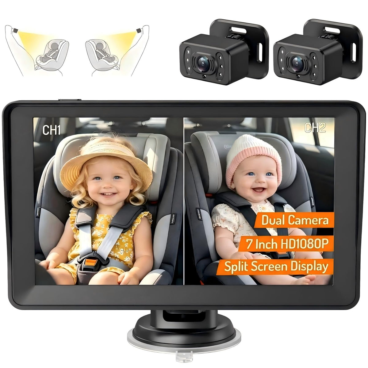 1080p Split Screen Baby Car Monitor with 2 Cameras