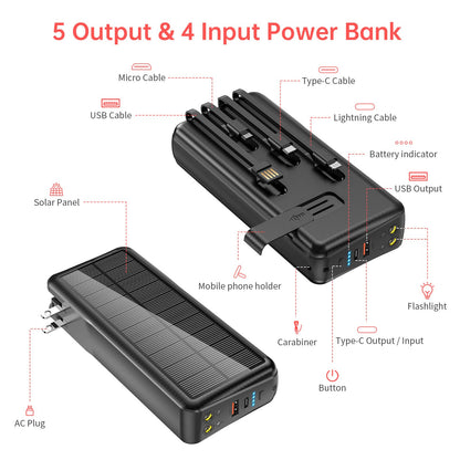 boogostore Portable Charger with Built in Cable and Wall Plug 50000mAh PD30W Fast Charging Solar Power Bank with 5 Output & 2 Input Dual LED Flashlights Phone Holder External Battery Pack (Black)