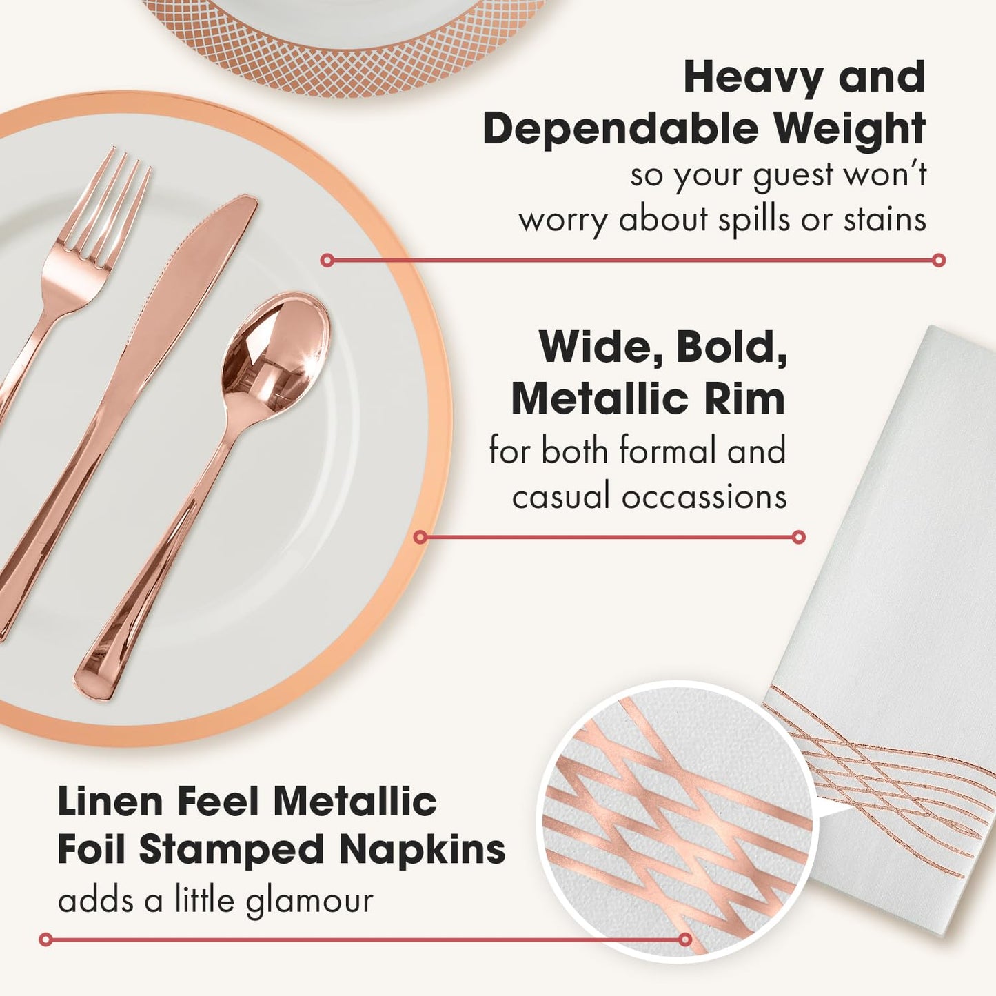 Elegant Rose Gold Disposable Dinnerware Set for 50