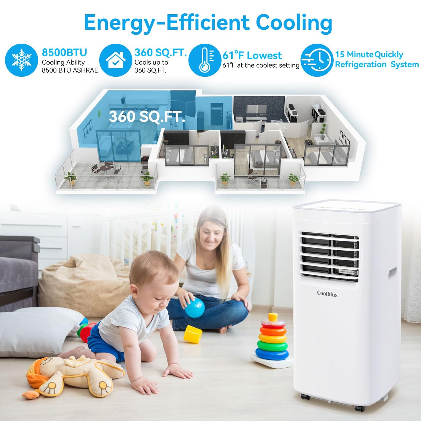 8500 BTU Portable Air Conditioners Cool Up to 360 Sq.Ft,3 IN 1 portable ac unit with Remote Control/LED Display/24Hrs Timer/Window Installation Kit & Screwdriver,White