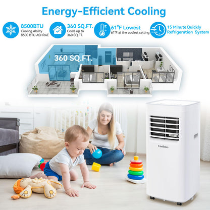 8500 BTU Portable Air Conditioners Cool Up to 360 Sq.Ft,3 IN 1 portable ac unit with Remote Control/LED Display/24Hrs Timer/Window Installation Kit & Screwdriver,White