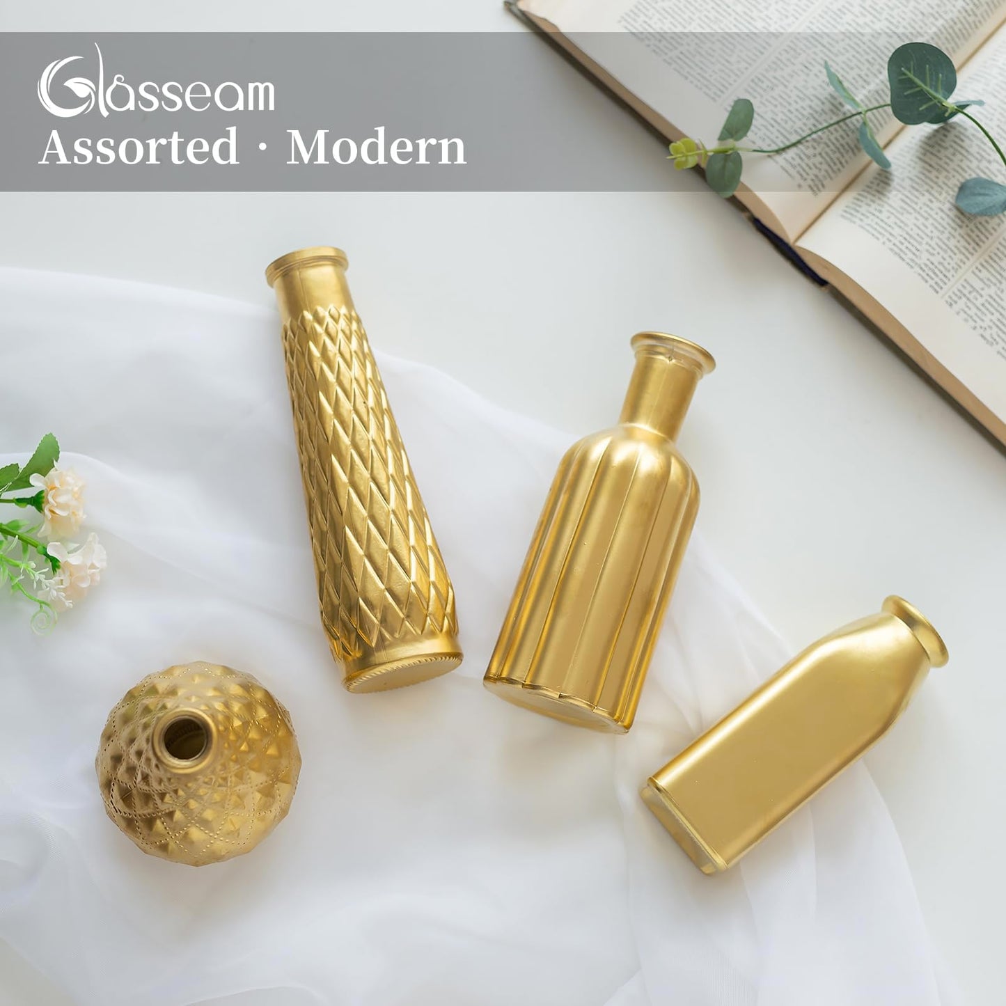 Glasseam Gold Glass Vase, 8pcs Cylindrical Home Decor, Antique Art Deco Style, Holds Water, Gold Electroplating Finish, Living Room Kitchen Bathroom Bedroom Decor, Table Centerpieces