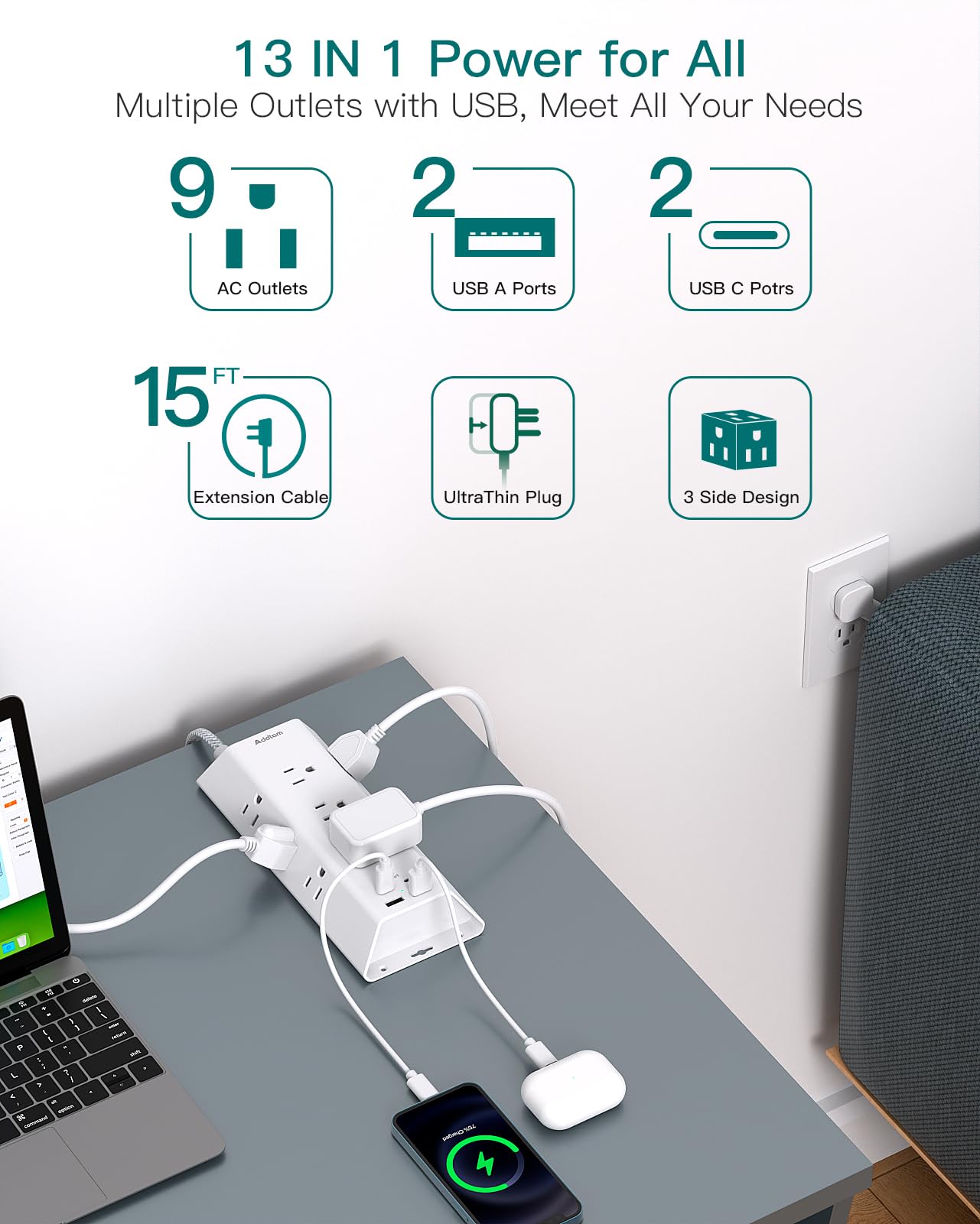 Addtam 15ft Surge Protector Power Strip with USB