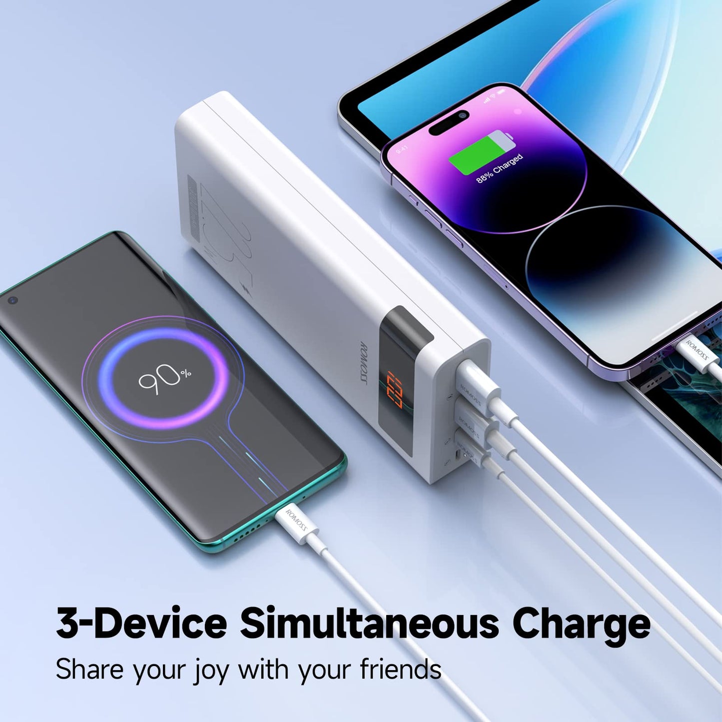 ROMOSS 30000mAh Power Bank, Sense8PF Portable Charger, 22.5W USB C PD20W Fast Charging LED Display, Phone Battery Pack with 3 Outputs & 3 Inputs Compatible with iPhone, iPad, Galaxy, Android and More