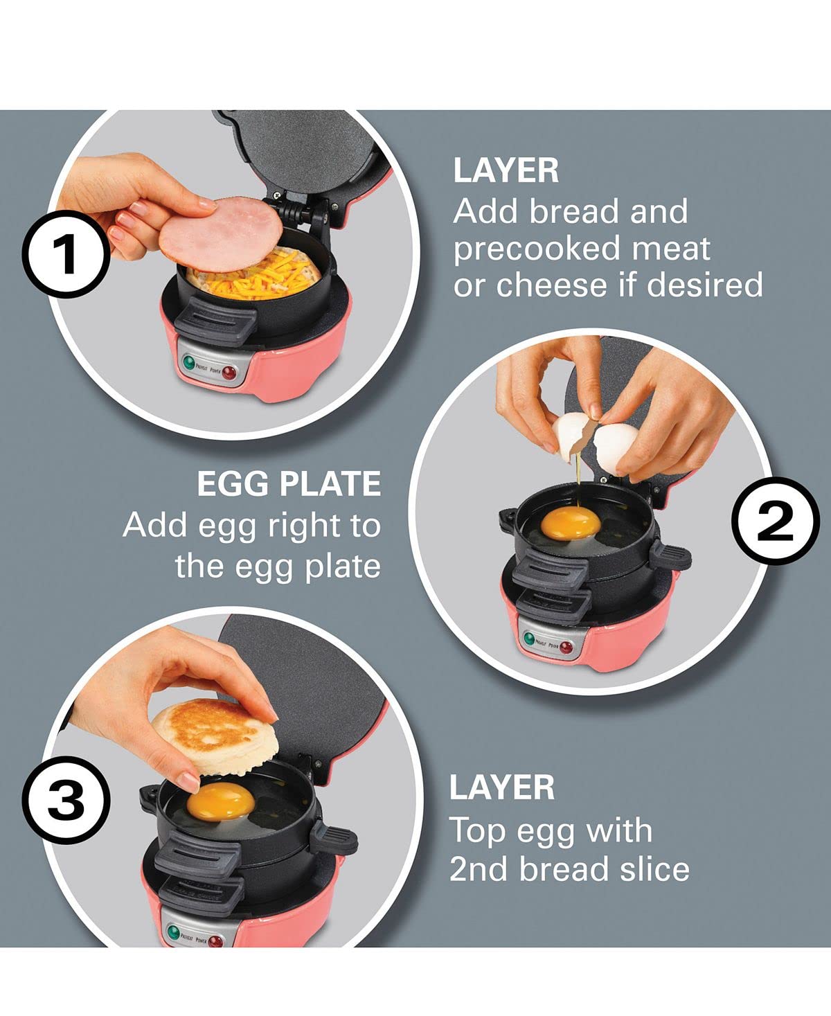 Hamilton Beach Breakfast Sandwich Maker with Egg Cooker Ring, Customize Ingredients, Perfect for English Muffins, Croissants, Mini Waffles, Perfect White Elephant Gifts, Coral (25483)