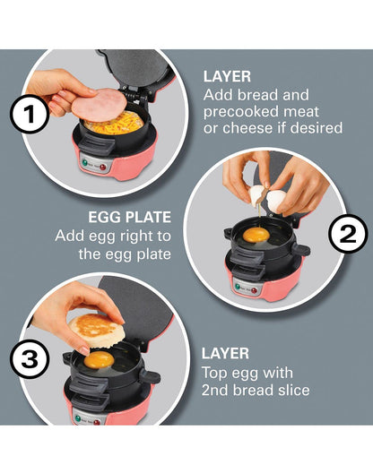 Hamilton Beach Breakfast Sandwich Maker with Egg Cooker Ring, Customize Ingredients, Perfect for English Muffins, Croissants, Mini Waffles, Perfect White Elephant Gifts, Coral (25483)