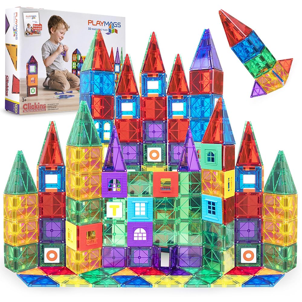 Playmags Magnetic Tiles for Kids – 100pcs Magnet Building Set for Toddlers Ages 1-5 | Stem Montessori Toy for 2 3 4 Year Old Boys & Girls | Toys for Toddlers, Preschool & Middle School Children