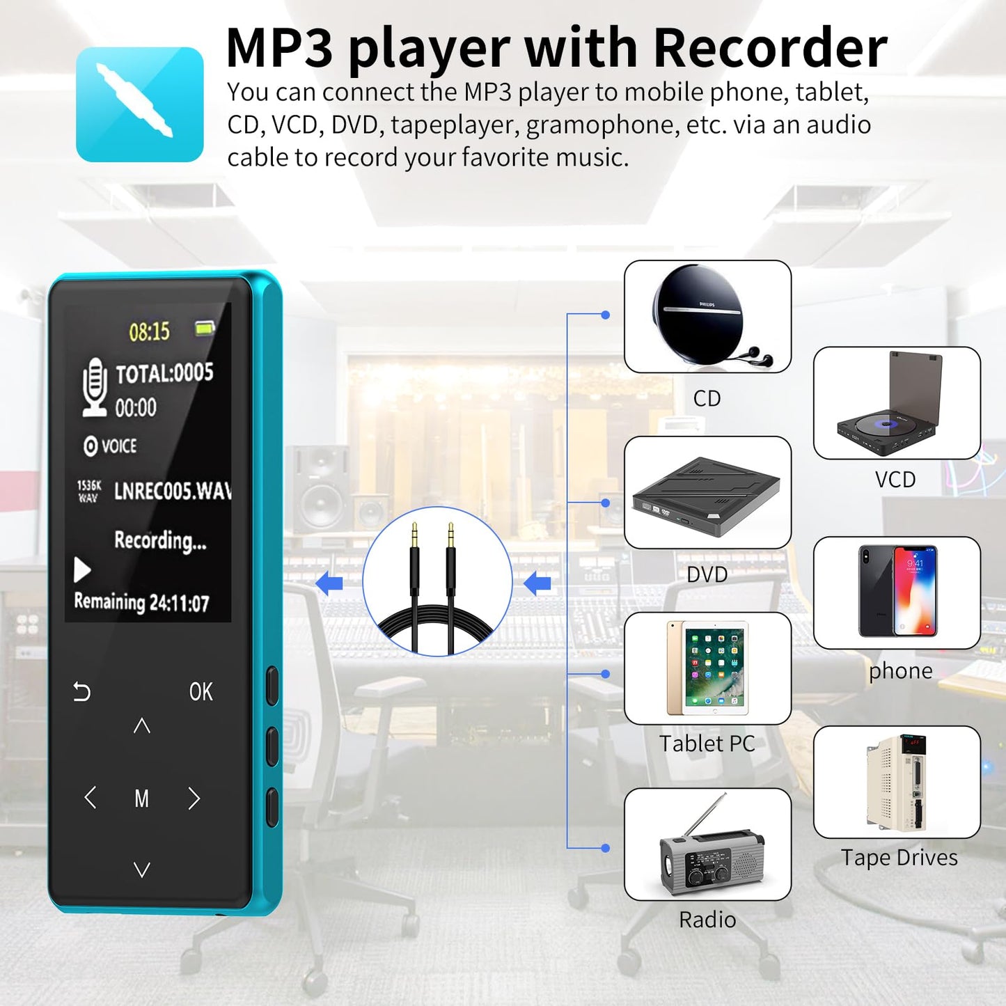MP3 Player, 64GB MP3 Players Safuciiv MP3 with Bluetooth 5.3, 2.4 in Screen, Lossless Music Player, Support FM Recording, for Gym, Camping, Sports (Blue)