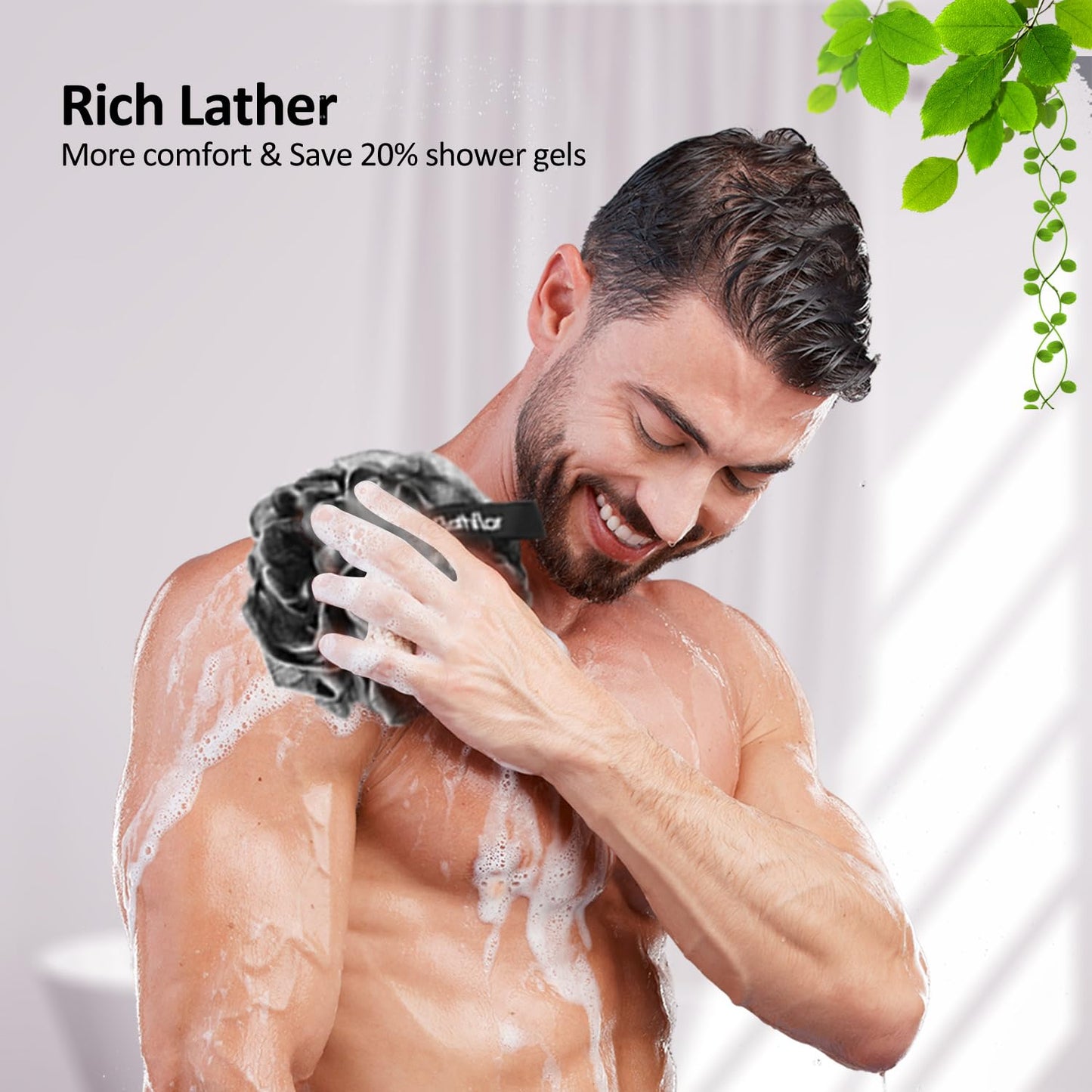 Bathflor Loofah Sponge, 6-in-1 Loofahs for Men Women, 80g Large Shower Loofah Exfoliating Body Scrubber, 4 Bath Sponge Loofa Packs, 1 Loofah with Handle Body Wash Back Scrubber, 1 Luffa Hook, Black
