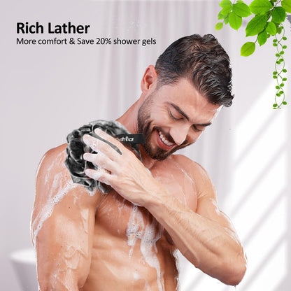 Bathflor Loofah Sponge, 6-in-1 Loofahs for Men Women, 80g Large Shower Loofah Exfoliating Body Scrubber, 4 Bath Sponge Loofa Packs, 1 Loofah with Handle Body Wash Back Scrubber, 1 Luffa Hook, Black