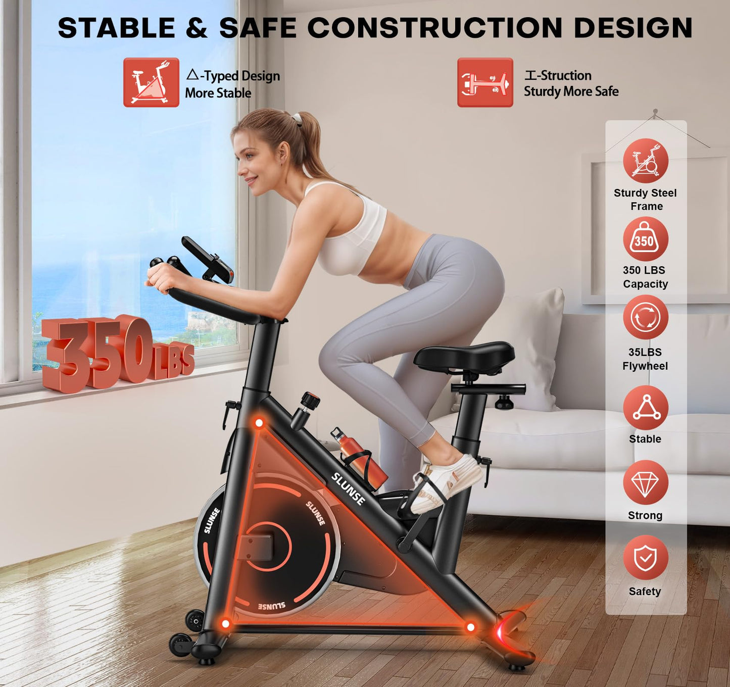 Exercise Bike, Adjustable Magnetic Resistance Brake Stationary Bikes for Home, Quiet Indoor Cycling Bike with Upgraded Seat Cushion, Digital Monitor & Phone Mount, 350lbs Weight Capacity