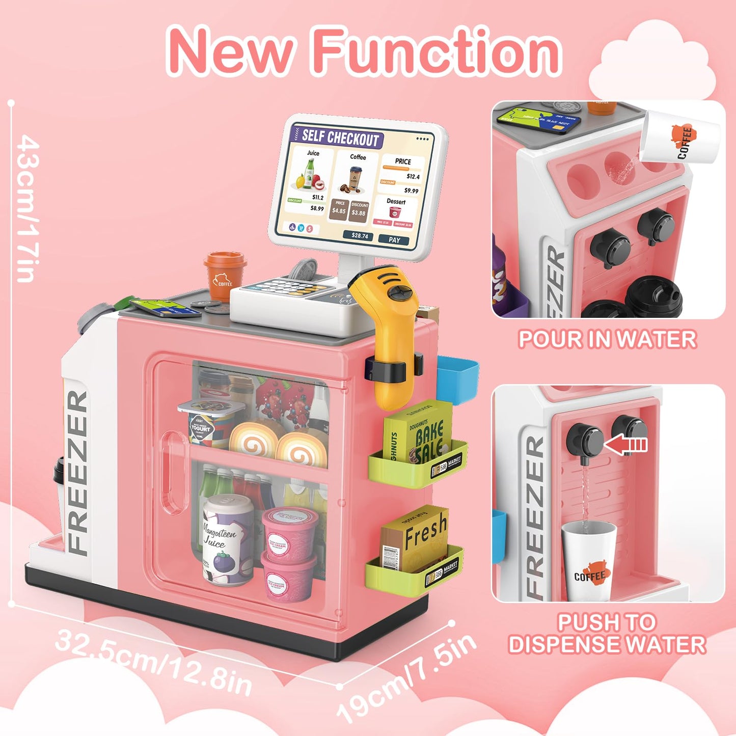 deAO Toy Cash Register for Kids Pretend Play Store Calculator Money 3 in 1 Coffee Machine Set Toys with Water Outlet Function Play Food Gifts Learning Toys for Kids Boys Girls (Pink)