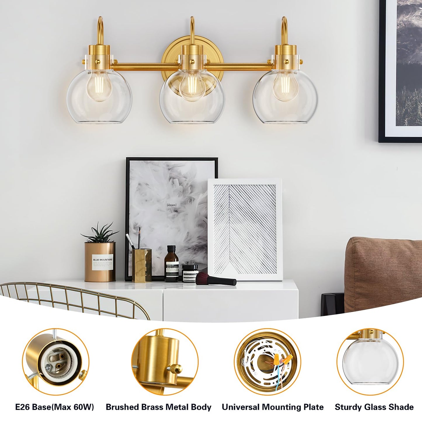 3-Light Vanity Light, Brushed Brass Bathroom Light Fixtures, Farmhouse Wall Sconces with Globe Clear Glass Shade, Porch Wall Mount Lamp for Mirror, Kitchen, Porch, Living Room, Workshop (E26 Base)
