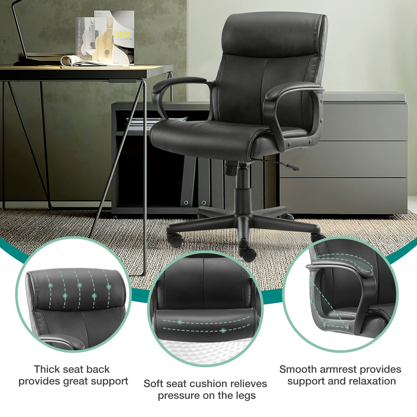 OLIXIS Executive Padded Mid-Back Home Office Desk Adjustable Height Computer Chairs, 360-Degree Swivel, Leather, 275Lbs Capacity, Modern, Darkblack