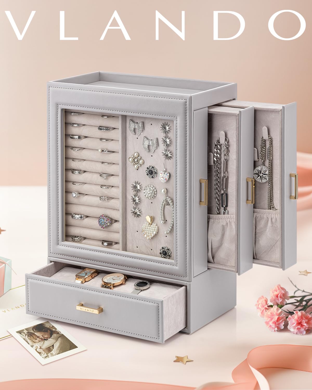 Vlando Large Jewelry Organizer with Glass Window Jewelry Box for Necklaces Earrings Rings Bracelets Watches Jewelry Storage Case Mothers Day Gift for Mom Wife Women Girls (Grey)