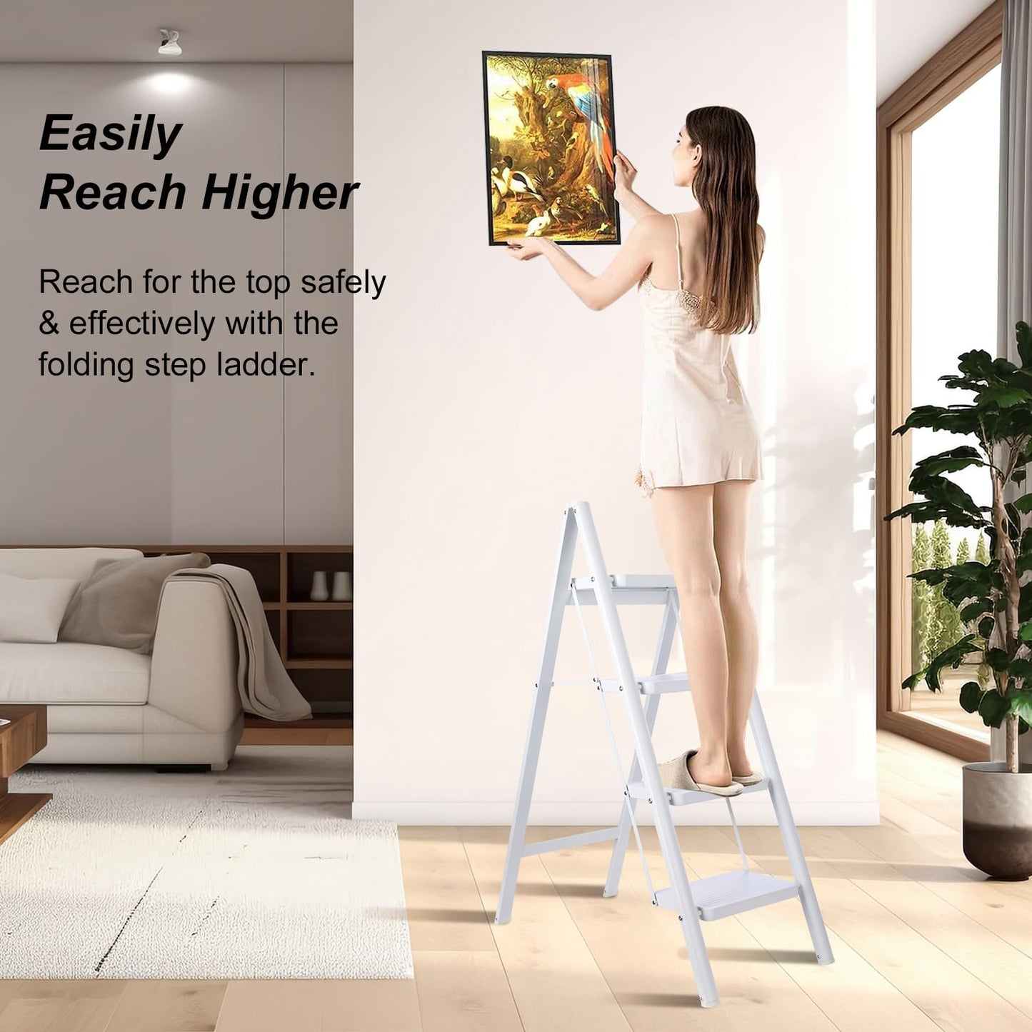 TOOLITIN 4 Step Ladder, Folding Step Stool for Adults with Wide Anti-Slip Pedal, Lightweight, Perfect for Kitchen& Household, Library Office,330lbs Capacity Sturdy Steel Ladder,White
