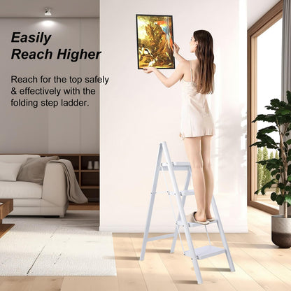 TOOLITIN 4 Step Ladder, Folding Step Stool for Adults with Wide Anti-Slip Pedal, Lightweight, Perfect for Kitchen& Household, Library Office,330lbs Capacity Sturdy Steel Ladder,White