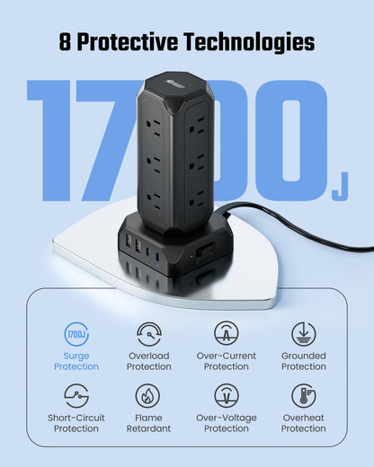 12-Outlets Power Strip Tower with USB Charging