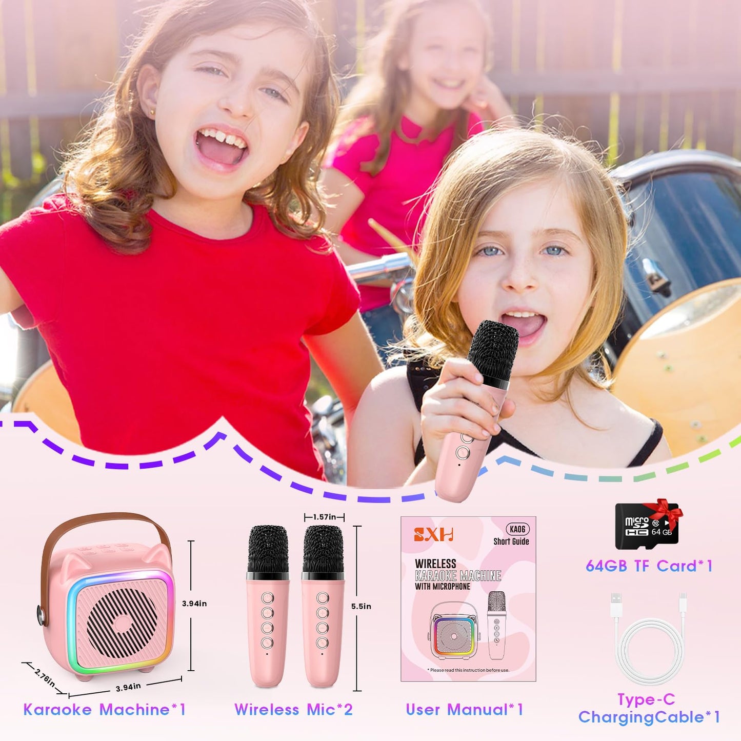 Mini Karaoke Machine with 2 Wireless Microphones