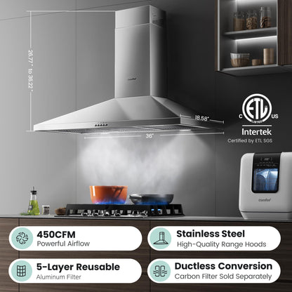 COMEEE" CVP36W6AST 36 Inch Ducted Pyramid Range 450 CFM Stainless Steel Wall Mount Vent Hood with 3 Speed Exhaust Fan, 5-Layer Aluminum Permanent Filters, Two LED Lights, Convertible to Ductless