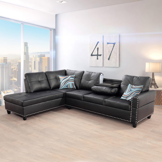 FUOROLA Naza Left Facing Faux Leather Set (Sofa+Chaise), 97.5"x69.5"x32.5", Blk