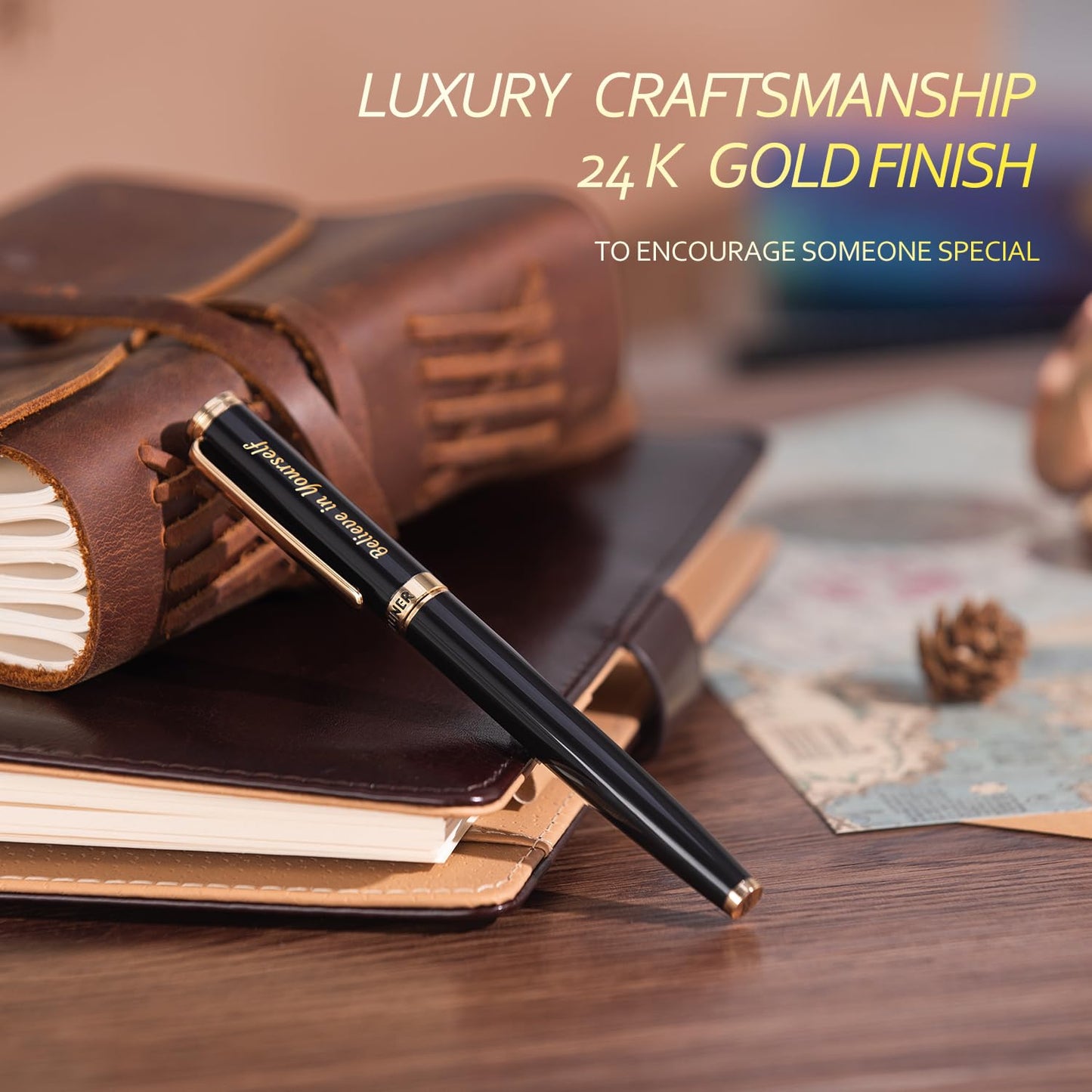 BEILUNER Black Fancy Rollerball Pen Set,Inspirational gift for Men & Women,Stunning 24K Gold Trim, Schneider Ink Refill,Employee Appreciation Gifts,Nice Pen,Teacher Pens,Office Gifts for Coworkers