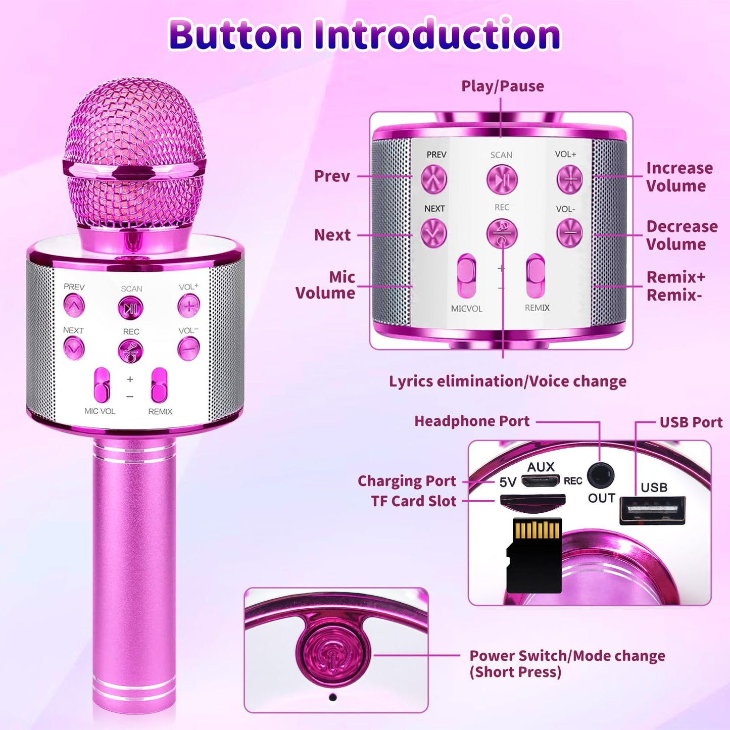 Justcool 5-in-1 Wireless Bluetooth Microphone for Kids, Portable Handheld Karaoke Mic Speaker Player Recorder, Suitable for Singing, Recording, Playing, and Traveling, Rose Pink
