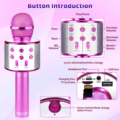 Justcool 5-in-1 Wireless Bluetooth Microphone for Kids, Portable Handheld Karaoke Mic Speaker Player Recorder, Suitable for Singing, Recording, Playing, and Traveling, Rose Pink